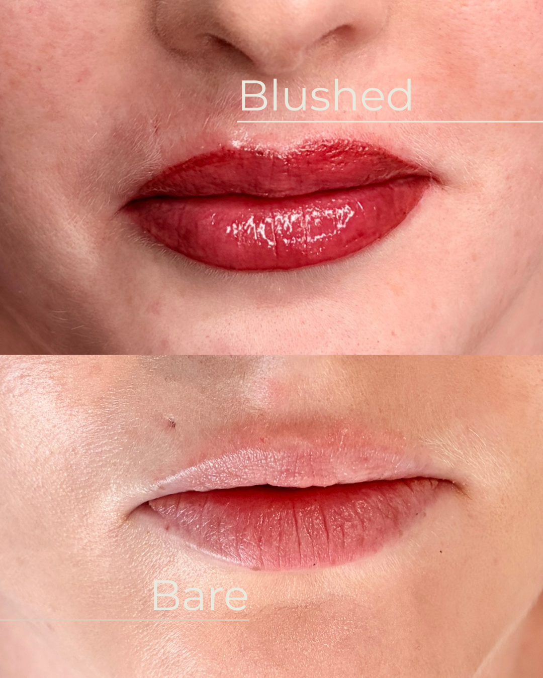 Close-up of lips showing a comparison between lip blush, on the top, and bare lips with no makeup on the bottom.