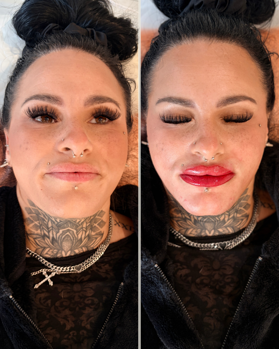 Side-by-side photos of a woman with dark hair in a bun, wearing makeup, jewelry, and a tattoo on her neck. In the left photo, she has natural lips, and in the right photo immediately after lip blush treatment
