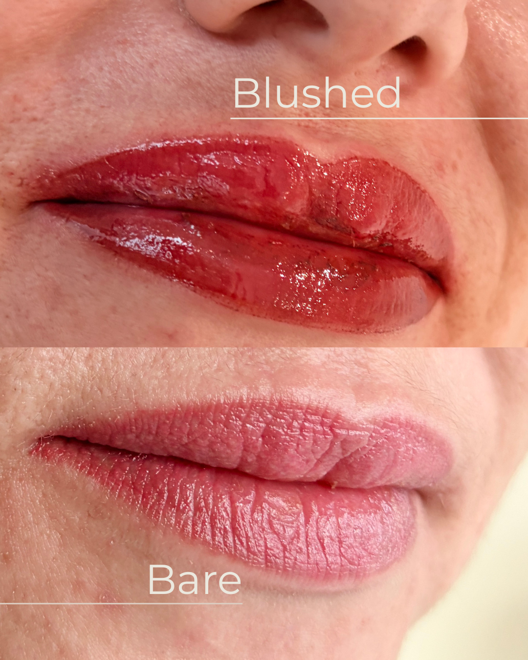 Comparison of lips with a blushed, glossy red lipstick above and bare lips below.