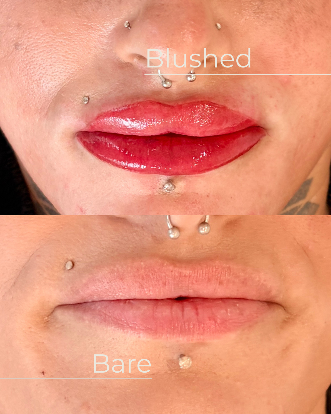 Close-up of healed lip blush showing soft border definition and natural pink tone, with lip piercings visible.