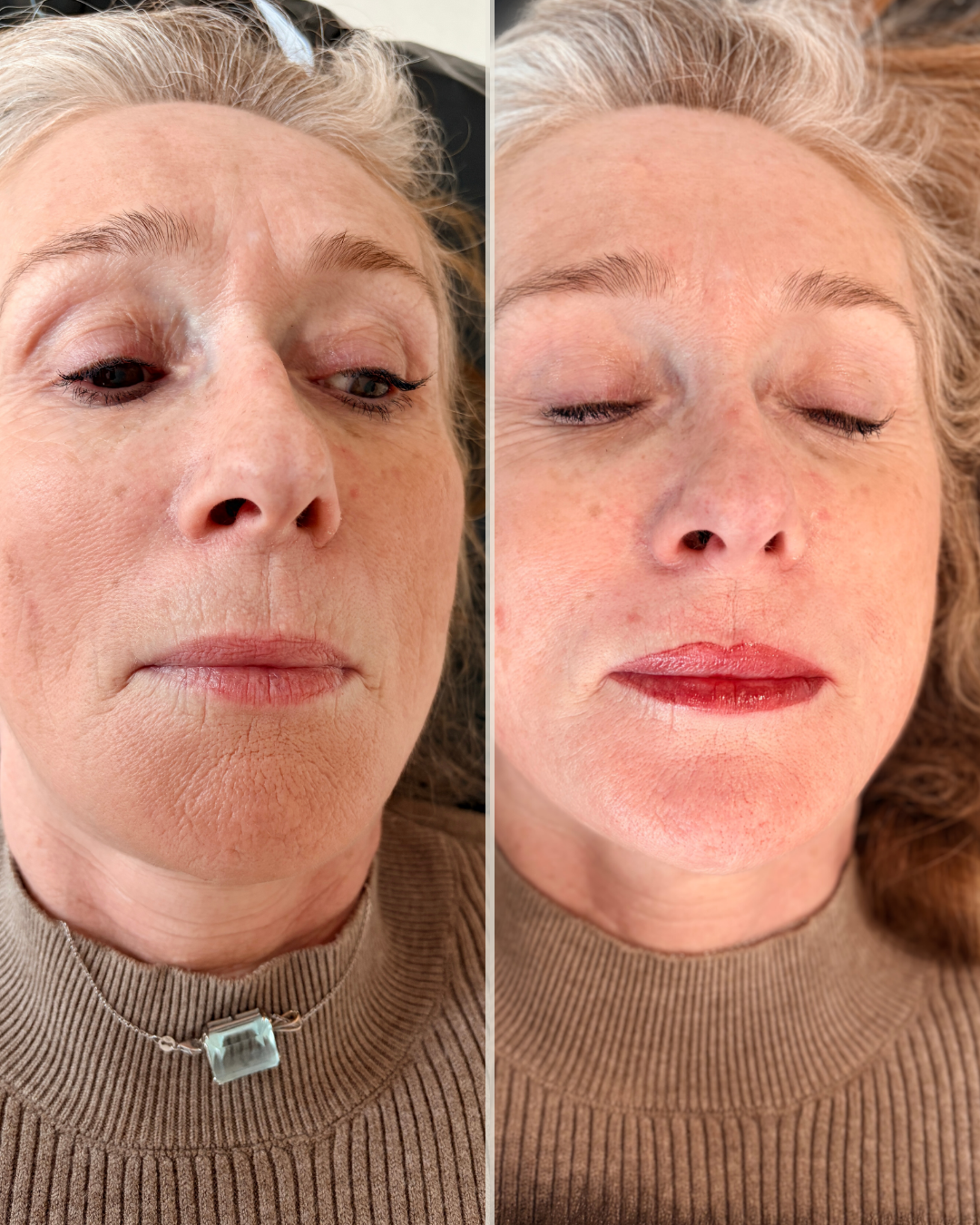 Side-by-side comparison of a woman with minimal makeup on the left and with lip blush on the right, wearing a brown ribbed turtleneck and a necklace with a clear rectangular pendant.