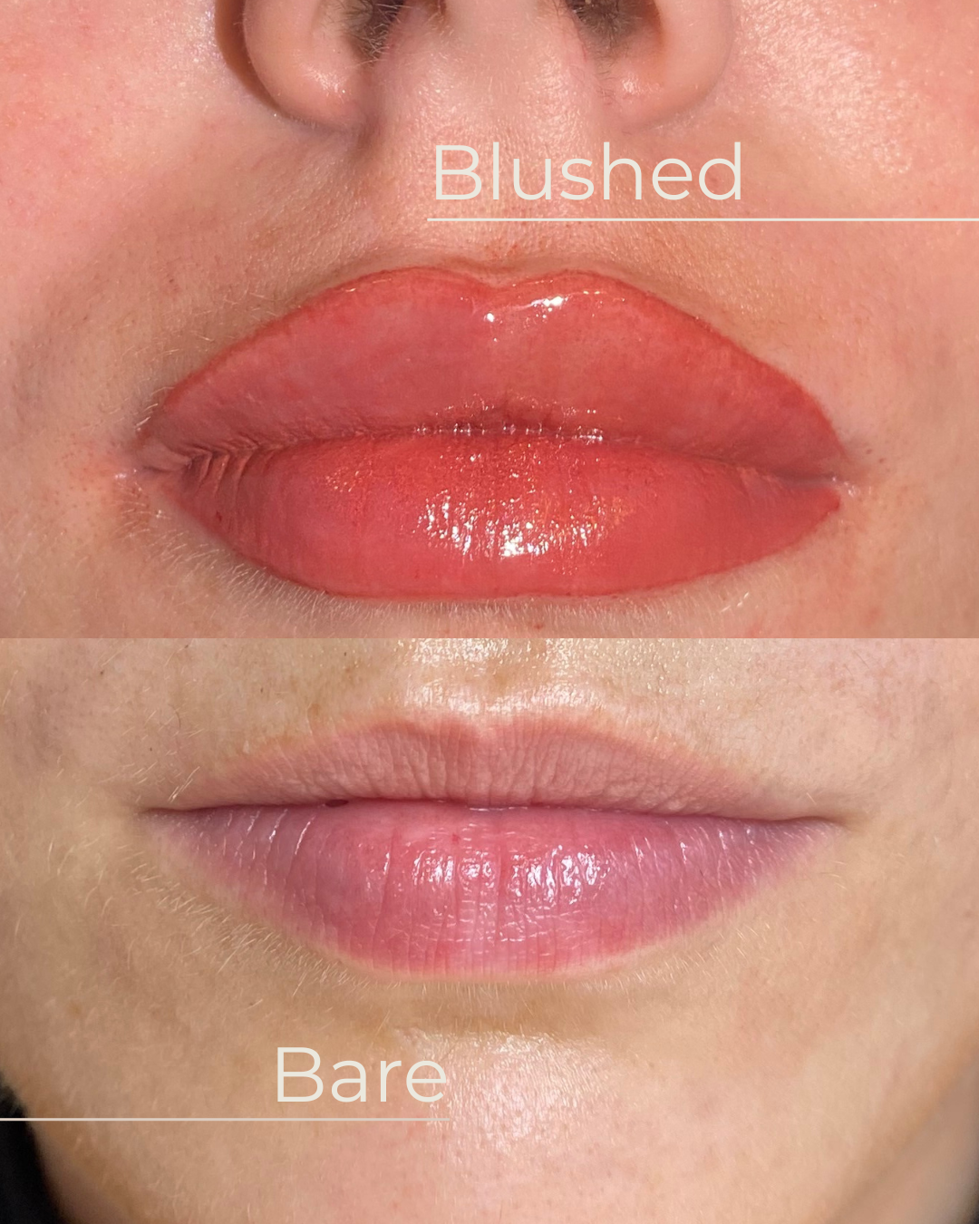 Close-up of a person's lips, with the top labeled 'Blushed' and the bottom labeled 'Bare' showing the difference in lip color and gloss.