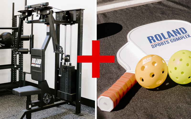 Combination of gym equipment and sports equipment, including a weight machine on the left and a roller hockey rink with a goal, balls, and a stick on the right.
