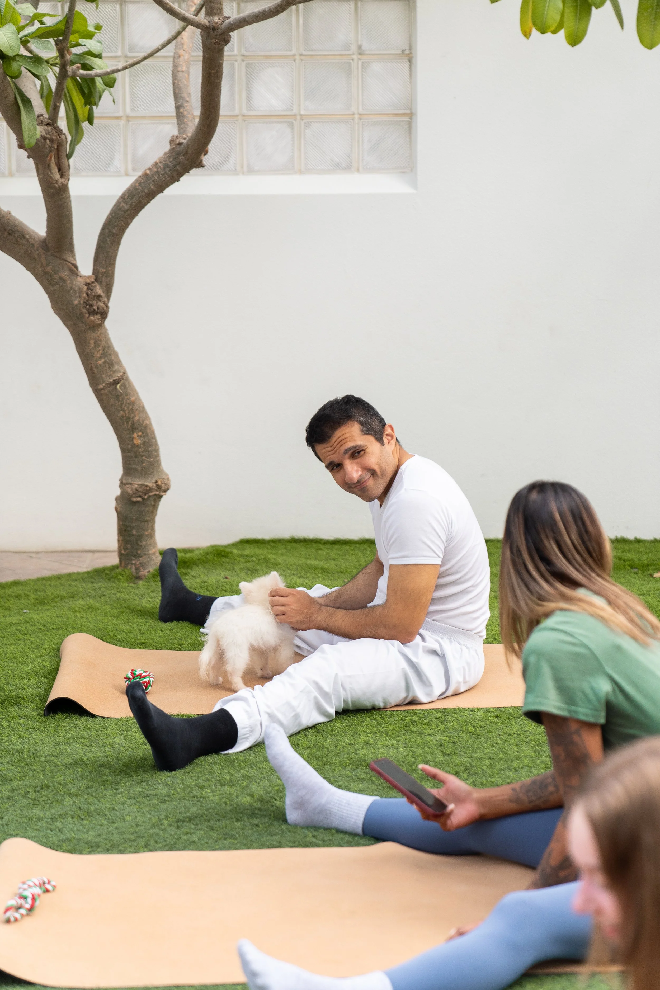 A group of people engaging in outdoor yoga on mats in a garden with grass, a tree, and a white wall. 