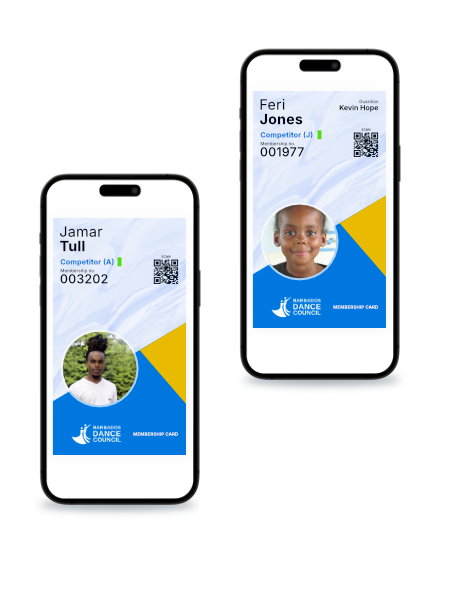 Two digital membership cards for the Harford Dance Council, displayed on smartphones. The card on the left belongs to Jamar Tull, a competitor with ID 003202, and features a small circular portrait. The card on the right belongs to Feri Jones, a competitor with ID 001977, and features a child's portrait.