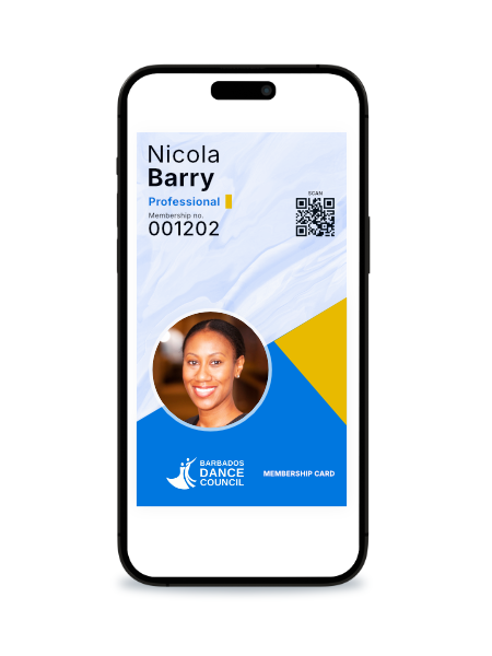 Digital membership card for Nicola Barry from Barbados Dance Council on a smartphone screen, featuring her photo, name, profession, membership number, QR code, and barcode.