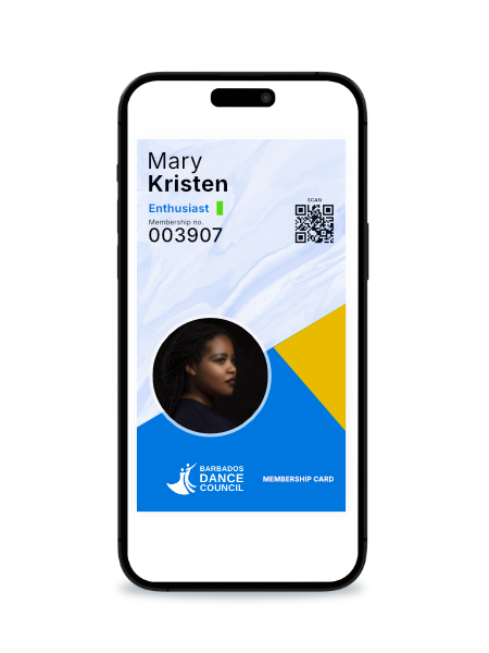 Digital membership card for Barbados Dance Council featuring a young woman's photo, the name Mary Kristen, a QR code, and a green status indicator.