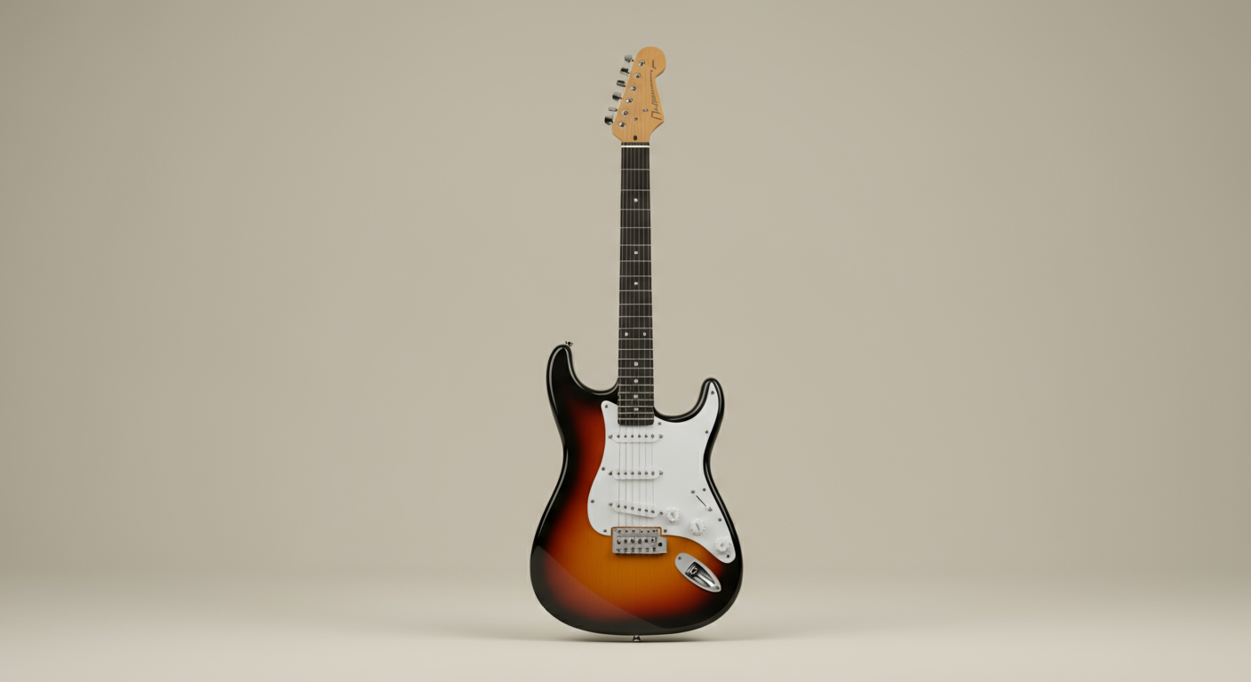 Electric guitar with sunburst finish, white pickguard, and maple neck, standing against a plain beige wall.