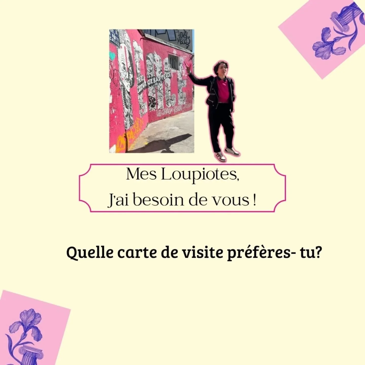 Mes Loupiotes j'ai (encore) besoin de votre avis!

Vous pr&eacute;f&eacute;rez quelles couleurs pour une carte de visite?

Vote 1 pour un mod&egrave;le plus flashy et original (le rose sera brillant ou fluo et le bleu mat).

Vote 2 pour un mod&egrave