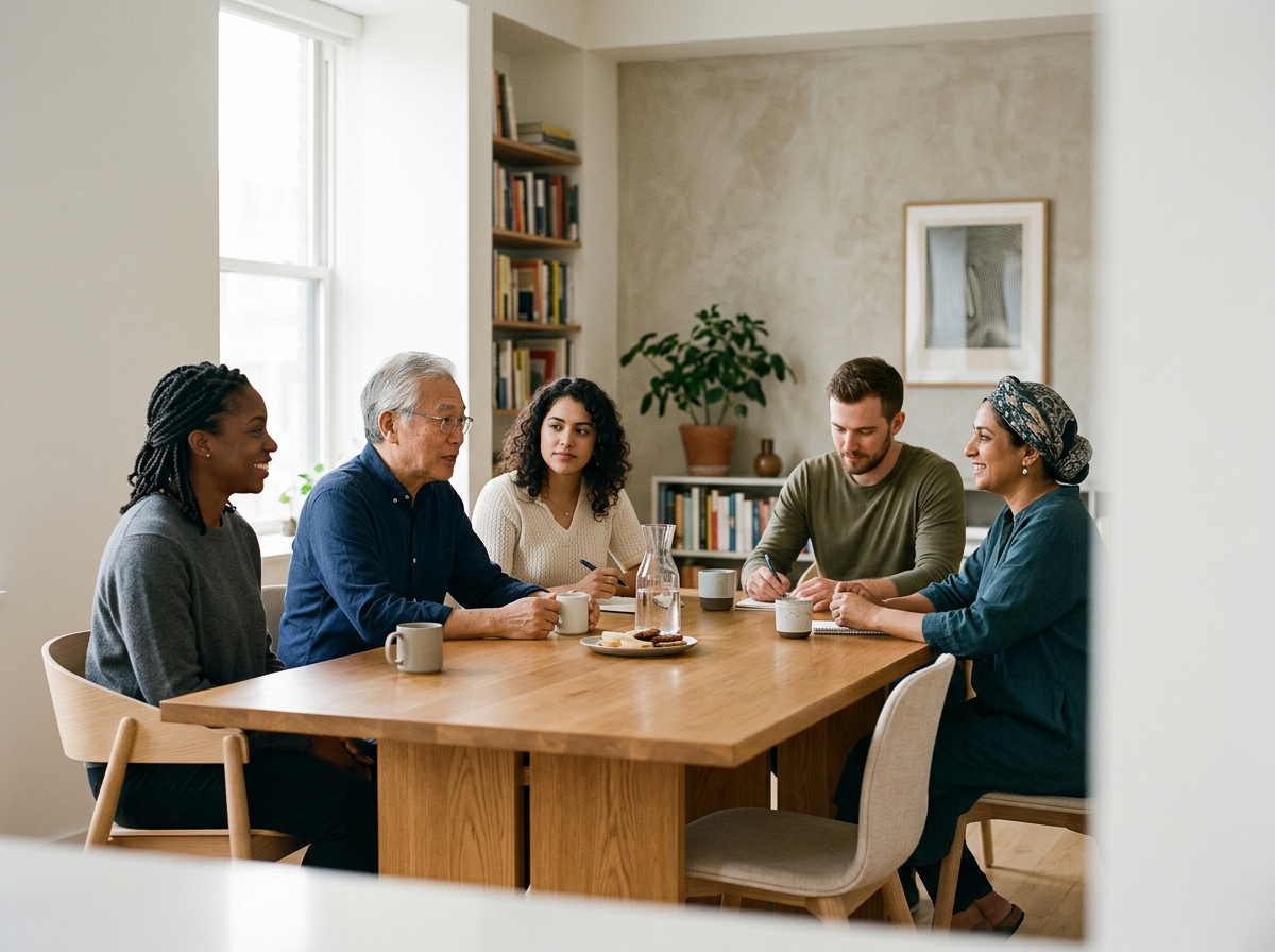 A diverse group of five people sitting around a wooden table having a discussion in a bright, cozy room with bookshelves and a framed picture on the wall.