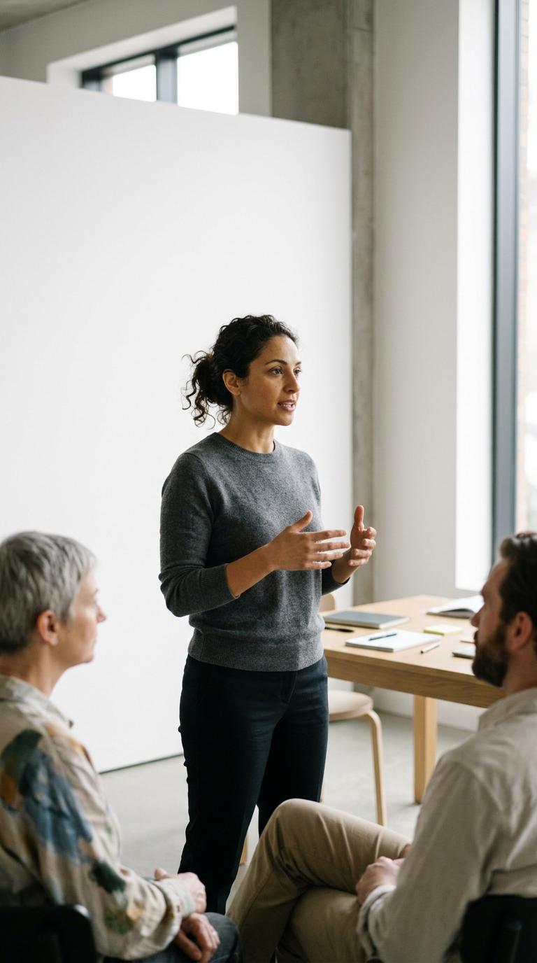 A woman in a gray sweater is speaking and gesturing with her hands during a presentation or discussion in a modern office setting with two seated individuals listening.