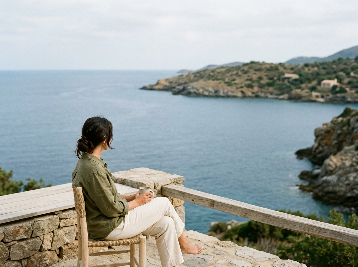 A woman with dark hair in a bun, wearing a green shirt and white pants, sits on a stone and wood deck holding a mug, looking out over a coastal landscape with water, rocky shores, and distant hills.