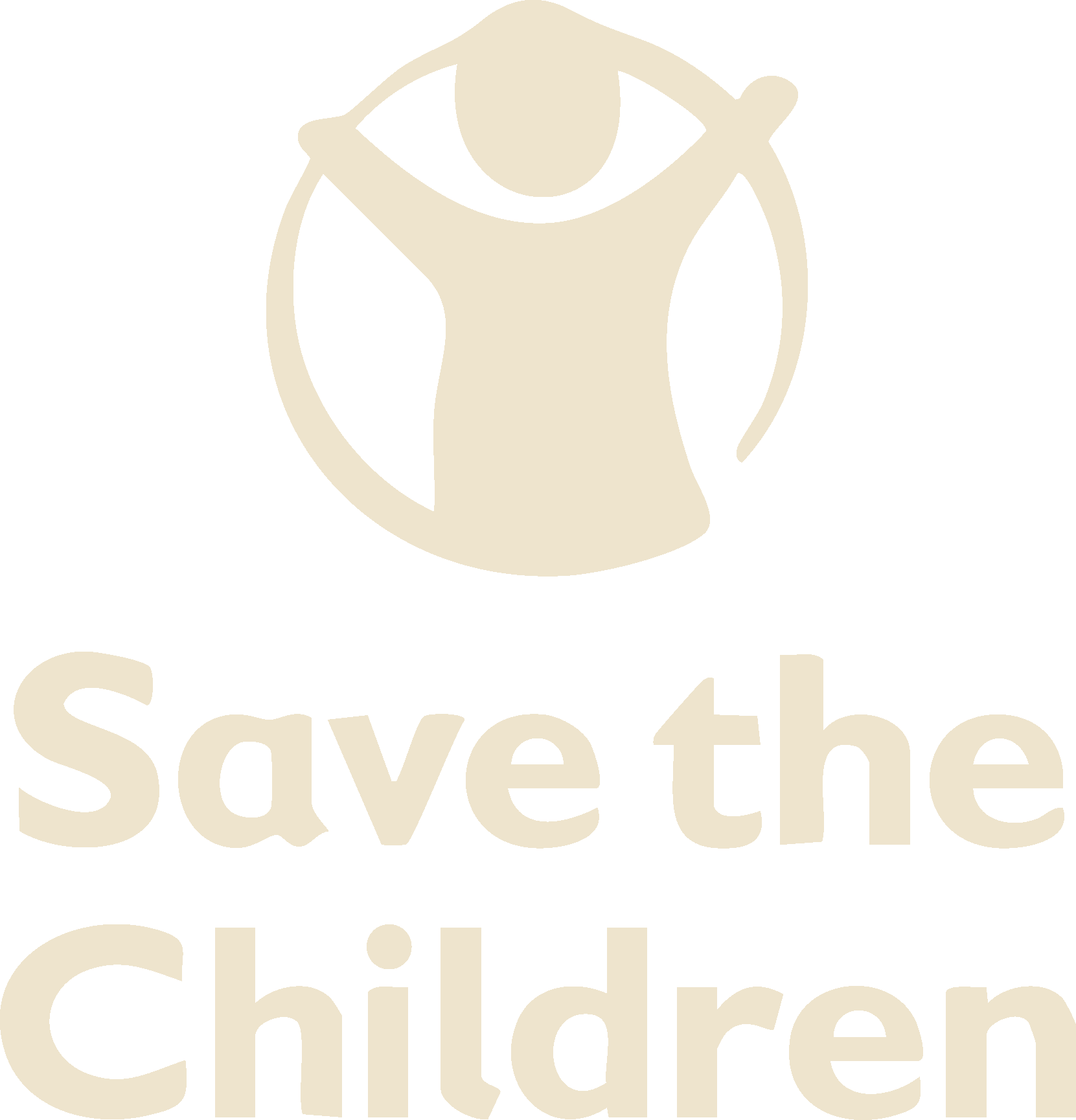 A beige and black logo with a stylized child holding hands above the text 'Save the Children'.