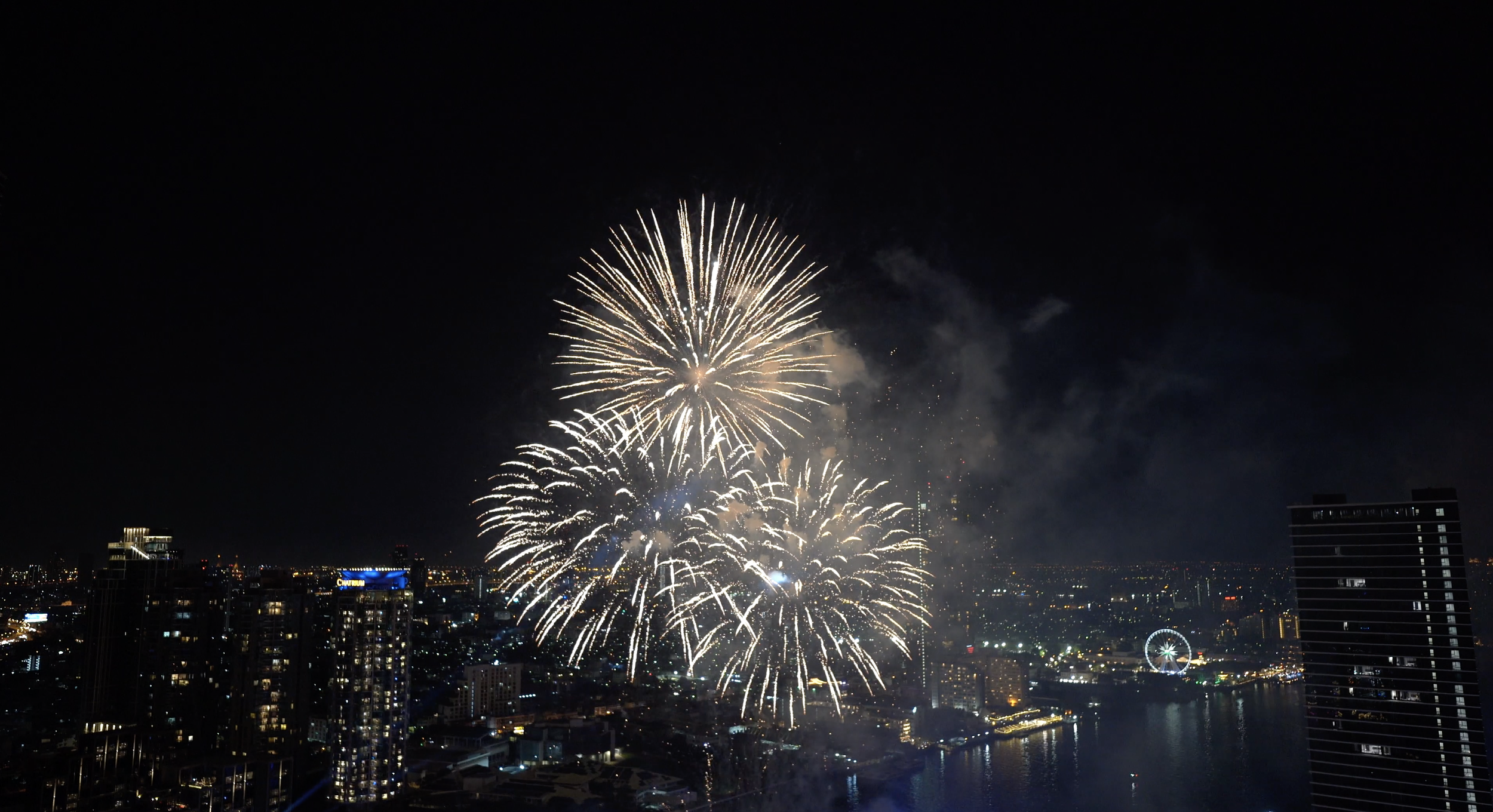 NEW YEAR FIREWORKS 2023 Chatrium/Asiatique Rooftop View Bangkok, Thailand