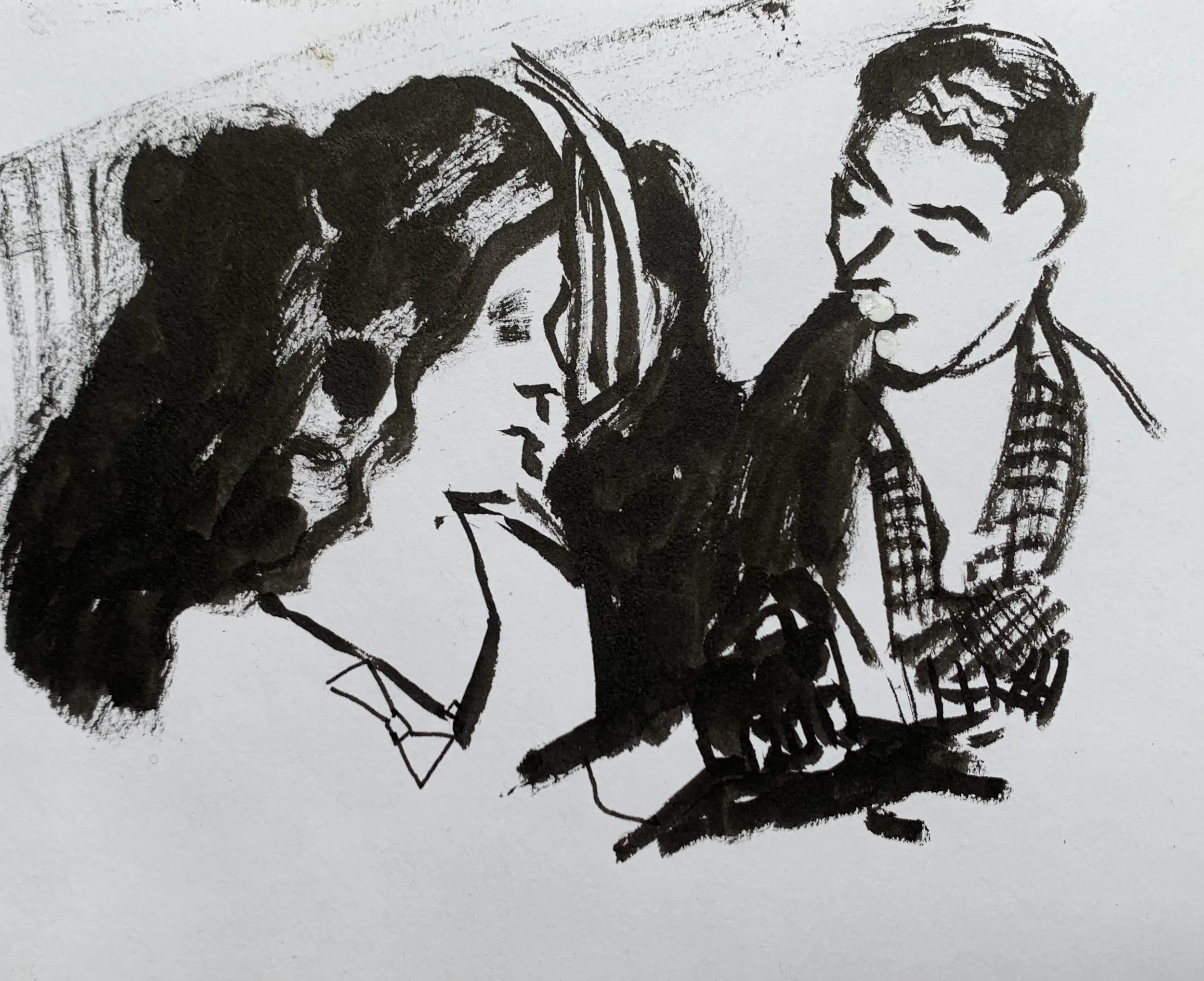 A Quiet Conversation. 2024 Pen and ink on paper 21 x 23cm