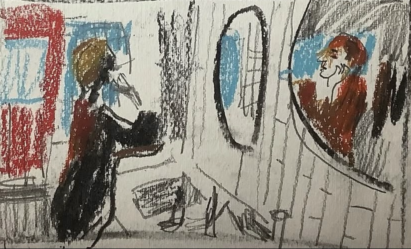The Human Voice. 2021 d. Pedro Almodovar  10x8 cms oil pastel on paper 2022