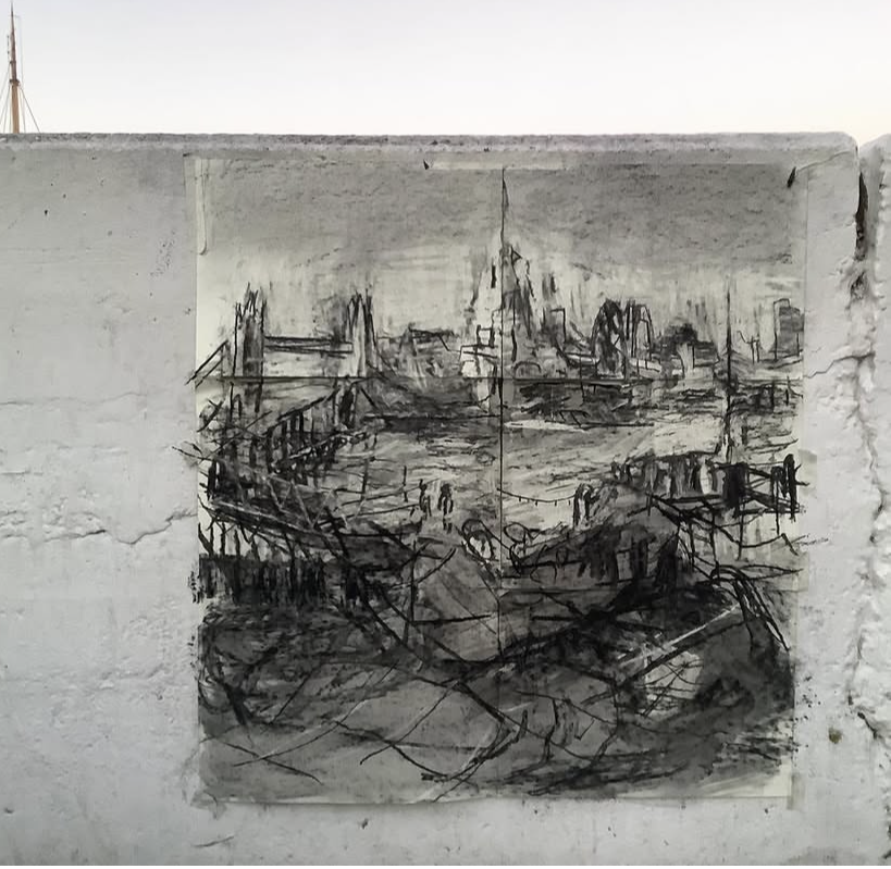 Around Rotherhithe. Charcoal on paper 120 x 120cm 2020