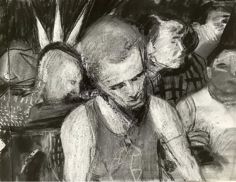 Punk, Gateshead, Tyneside. 1985 from a photograph by Chris Killip. Charcoal on paper 60 x 45cm 2023