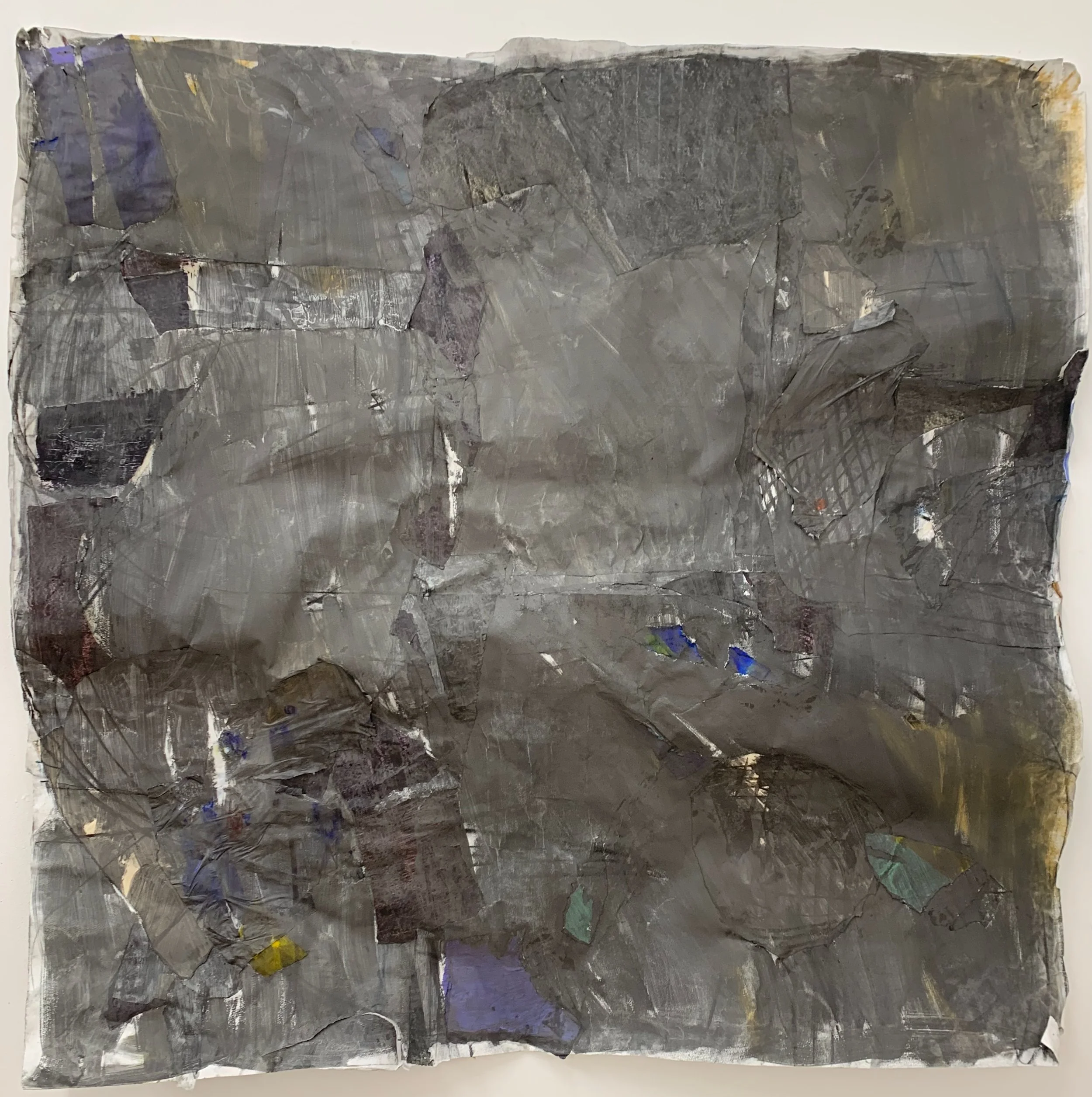 Washed. Charcoal graphite and collage on paper. 120x120cm 2025