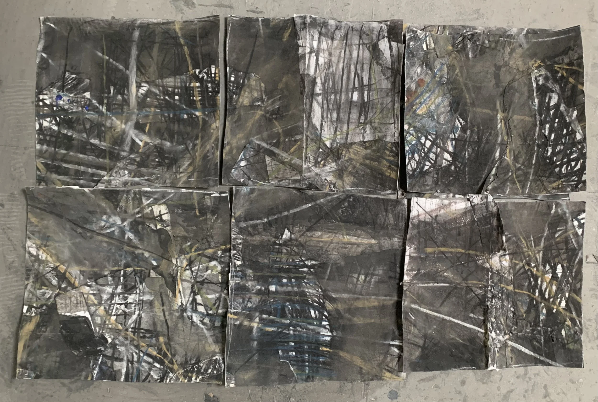 interlinked. 2025 Charcoal on recycled drawings 80 x 120cm