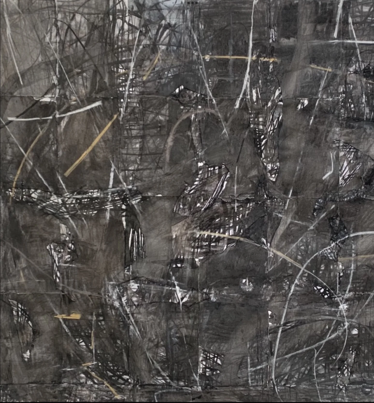 The Spaces In-between. 2023 Charcoal, collage on recycled drawings 120 x 120cm
