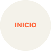 Botón redondo con fondo blanco y la palabra 'INICIO' en color naranja.