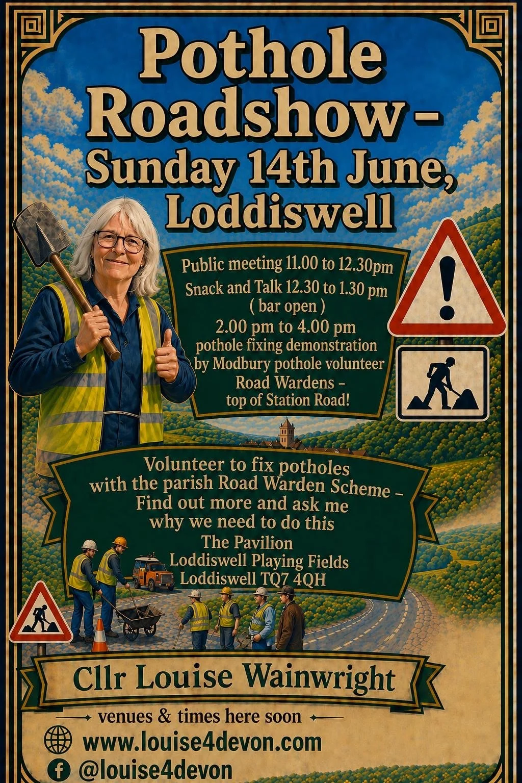 Pothole Roadshow at Loddiswell Pavilion Sunday 14th June 11.00am to 1.30pm &amp; 2.00pm to 4.00pm - Demonstration (top of Station Road).