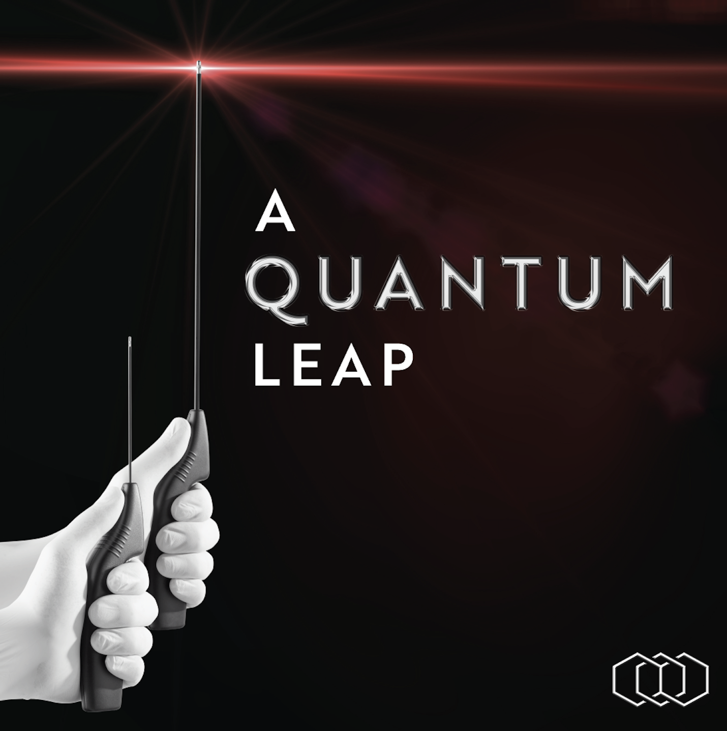 A promotional image for a book titled "A Quantum Leap" showing two hands. One hand is holding a gadget with a wire; the other hand is also holding a similar gadget, with a laser or bright light emanating from the top, creating a glowing effect.