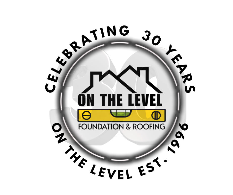 A graphic logo featuring a 3D metallic house with a yellow level tool across it, with the text "On the Level" and "Foundation & Roofing" below the house