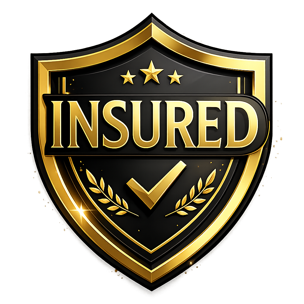 Gold and black shield emblem with the word 'INSURED' and a checkmark, surrounded by stars and laurel branches.