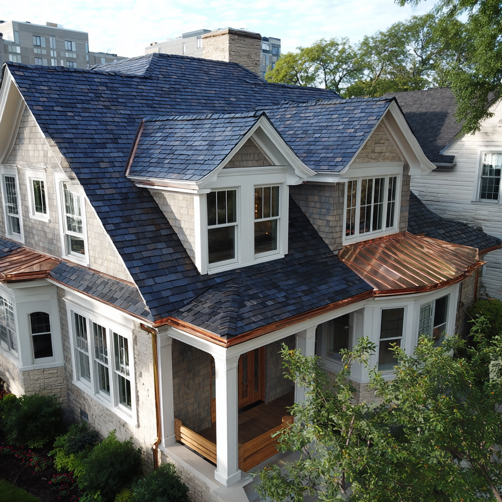A large, historic house with a blue slate roof, white framed windows, and a small porch with a wooden bench, surrounded by greenery and neighboring modern buildings in the background.