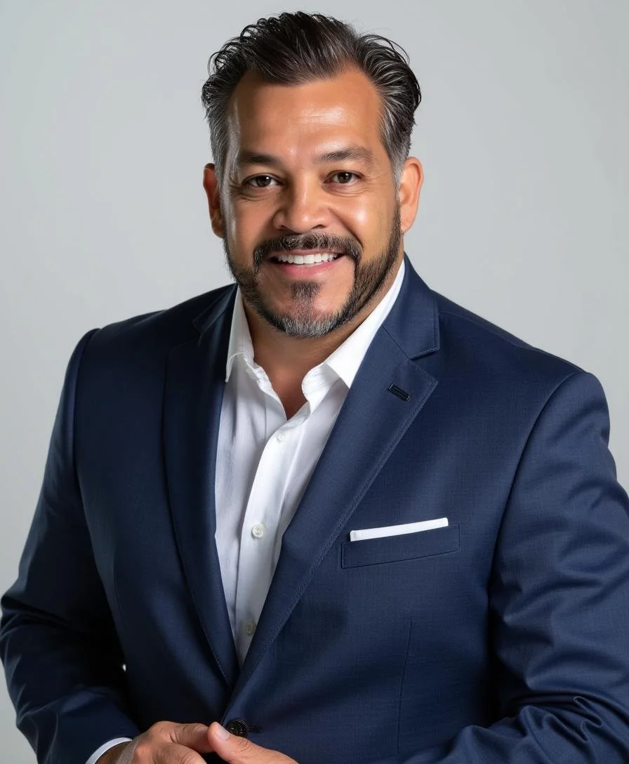 Portrait of a smiling man with dark hair and beard, wearing a navy blue suit jacket and white shirt, against a plain light gray background.