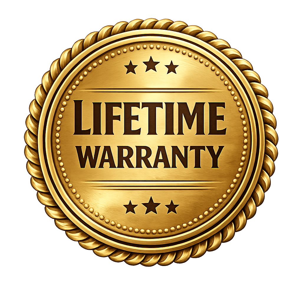 Gold circular badge with a rope border, displaying the text "Lifetime Warranty" with three stars above and below.