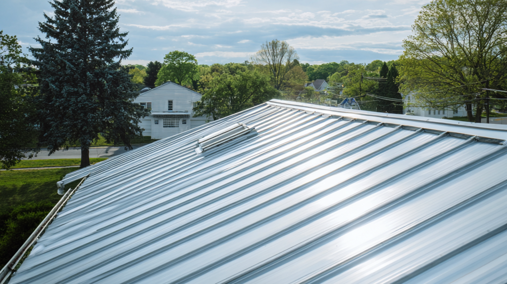A shiny metal roof on a building with trees and houses in the background under a partly cloudy sky.