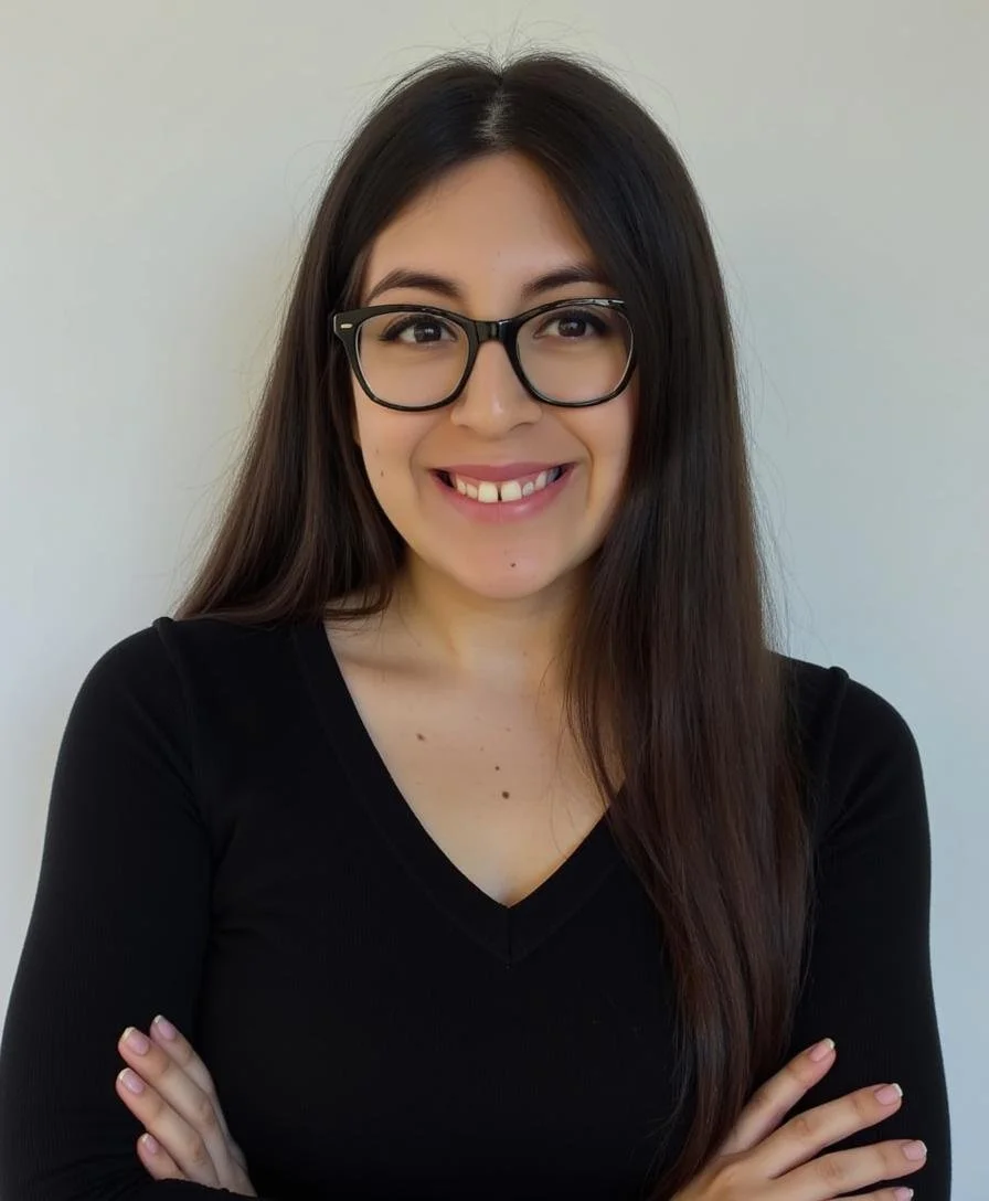 A young woman with long dark hair, glasses, and a bright smile, wearing a black V-neck shirt, standing with folded arms against a plain white wall.