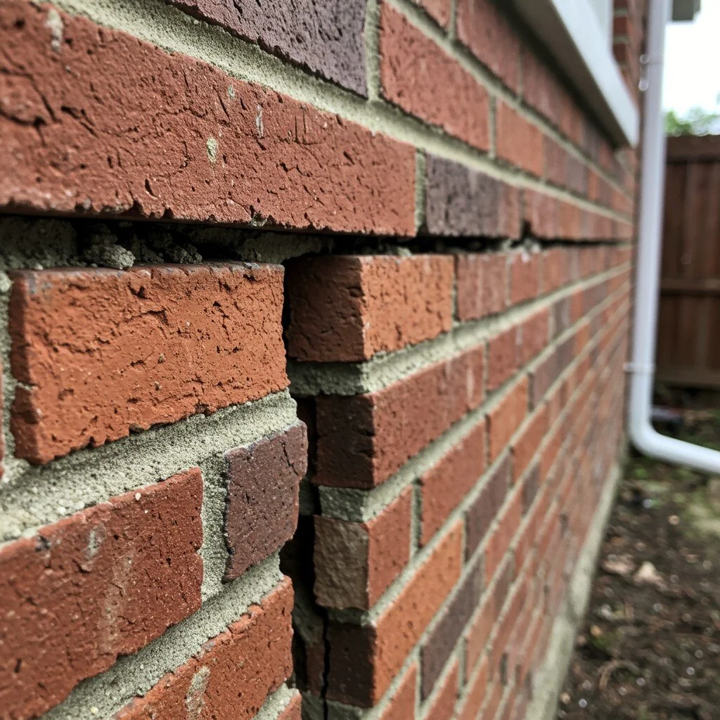 Close-up of a brick wall with protruding bricks, showing the textured surface and mortar in gaps.