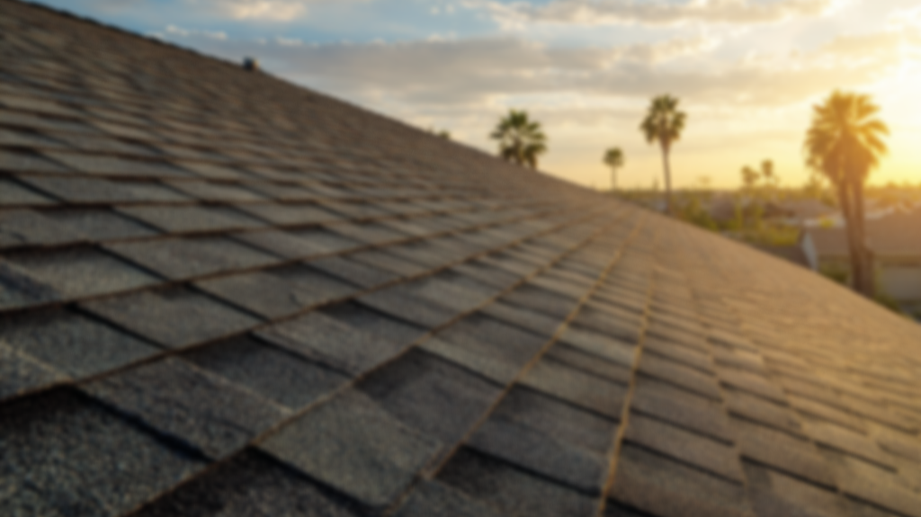 Close-up view of a shingled roof with a sunset and palm trees in the background.