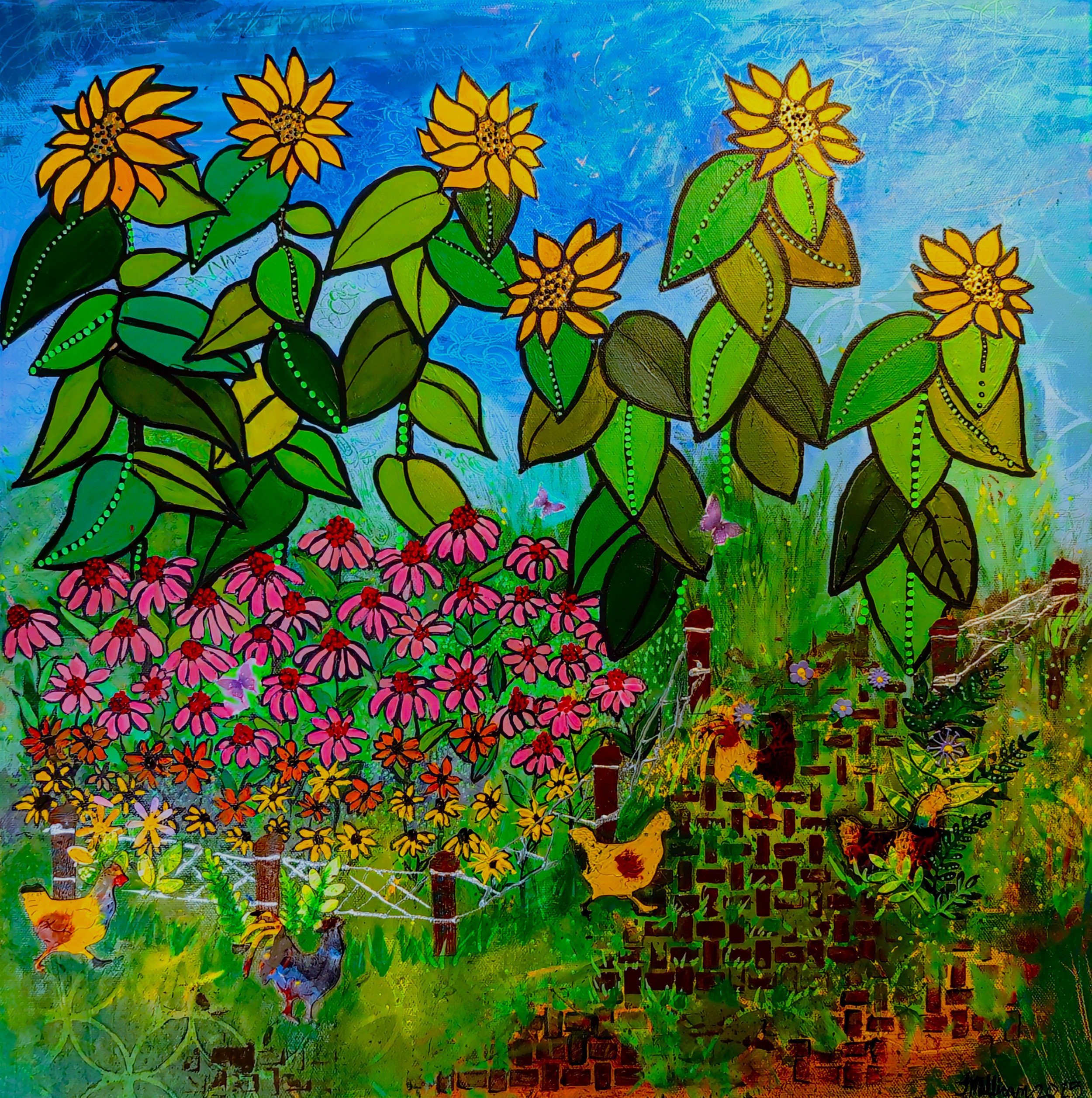 Colorful painting of a garden with yellow sunflowers, pink daisies, and butterflies, with a fence and chickens in the background.