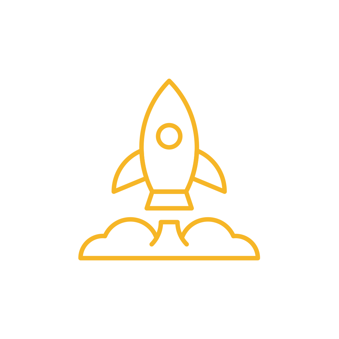 Line drawing of a rocket launching with smoke cloud, in yellow outline on black background.
