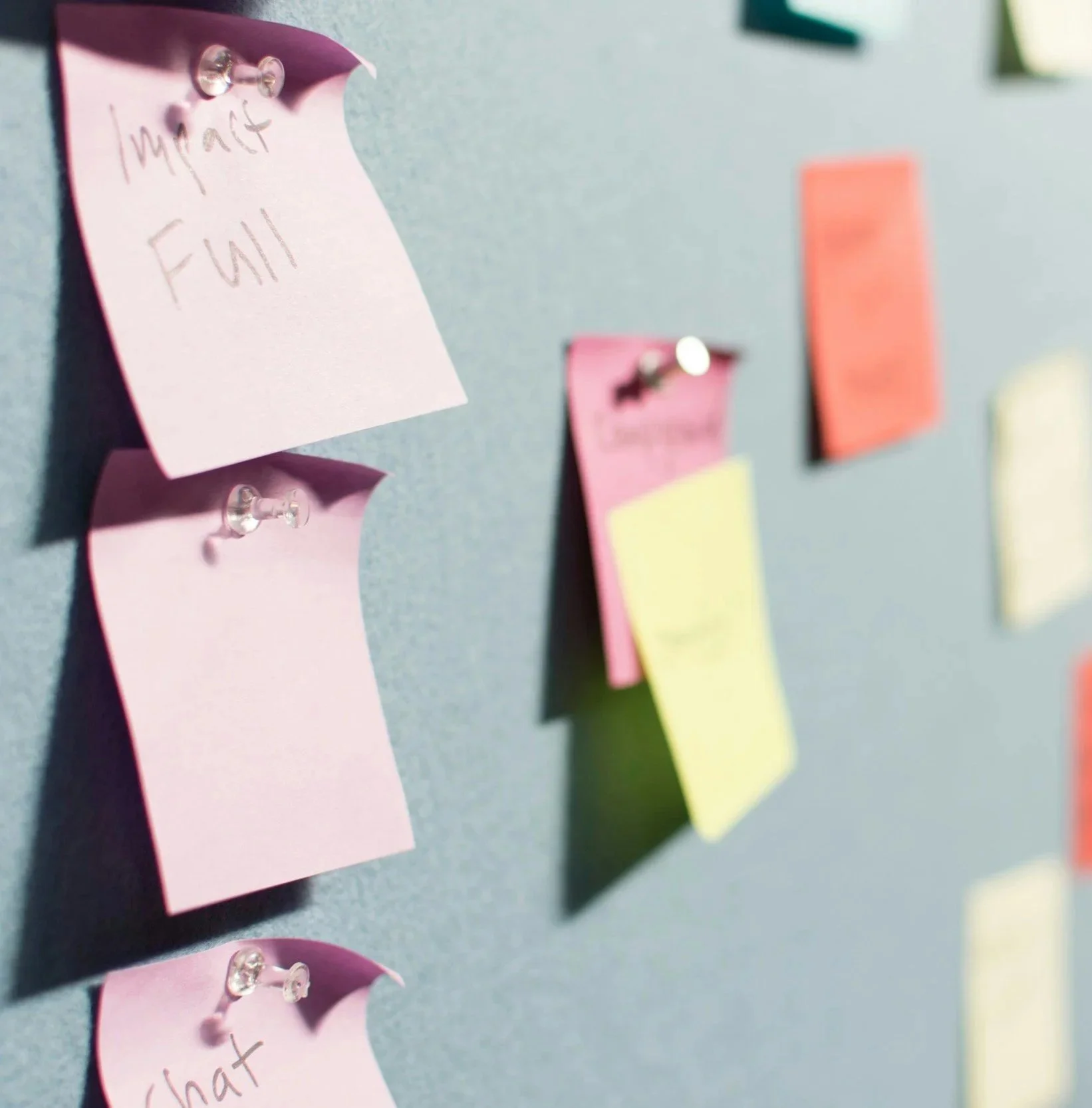 Sticky notes with drafted ideas written on them pasted to a wall