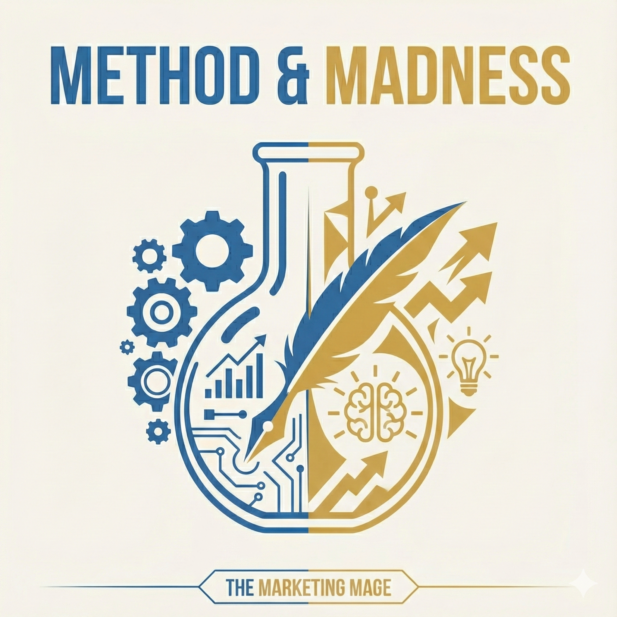 Cover image for 'Method & Madness: The Marketing Mage' featuring a stylized laboratory flask divided into two halves. The left side is blue, symbolizing method with gears, graphs, and circuit-like designs. The right side is gold, representing madness with a brain, lightbulb, and upward arrows, illustrating creative chaos.
