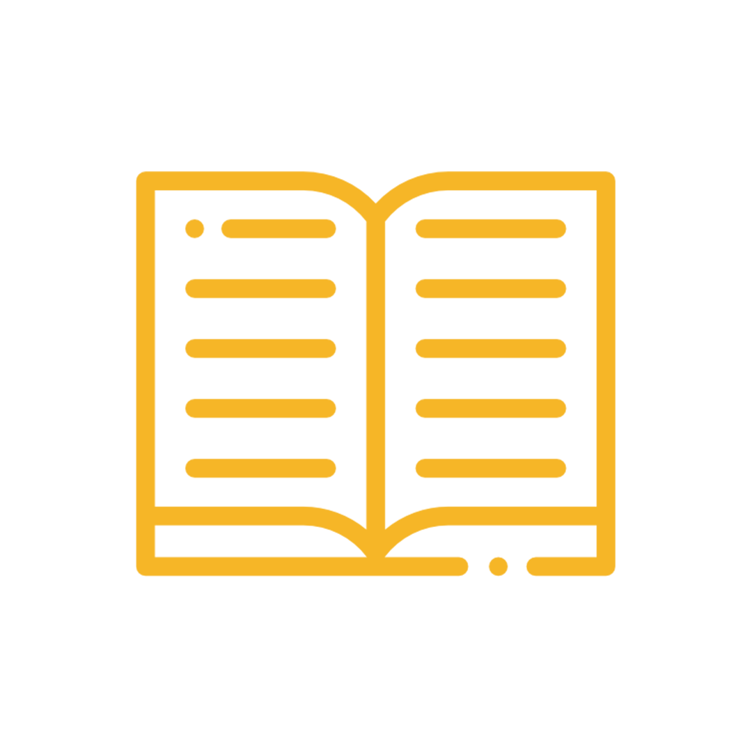 Outline of an open book in yellow against a black background.