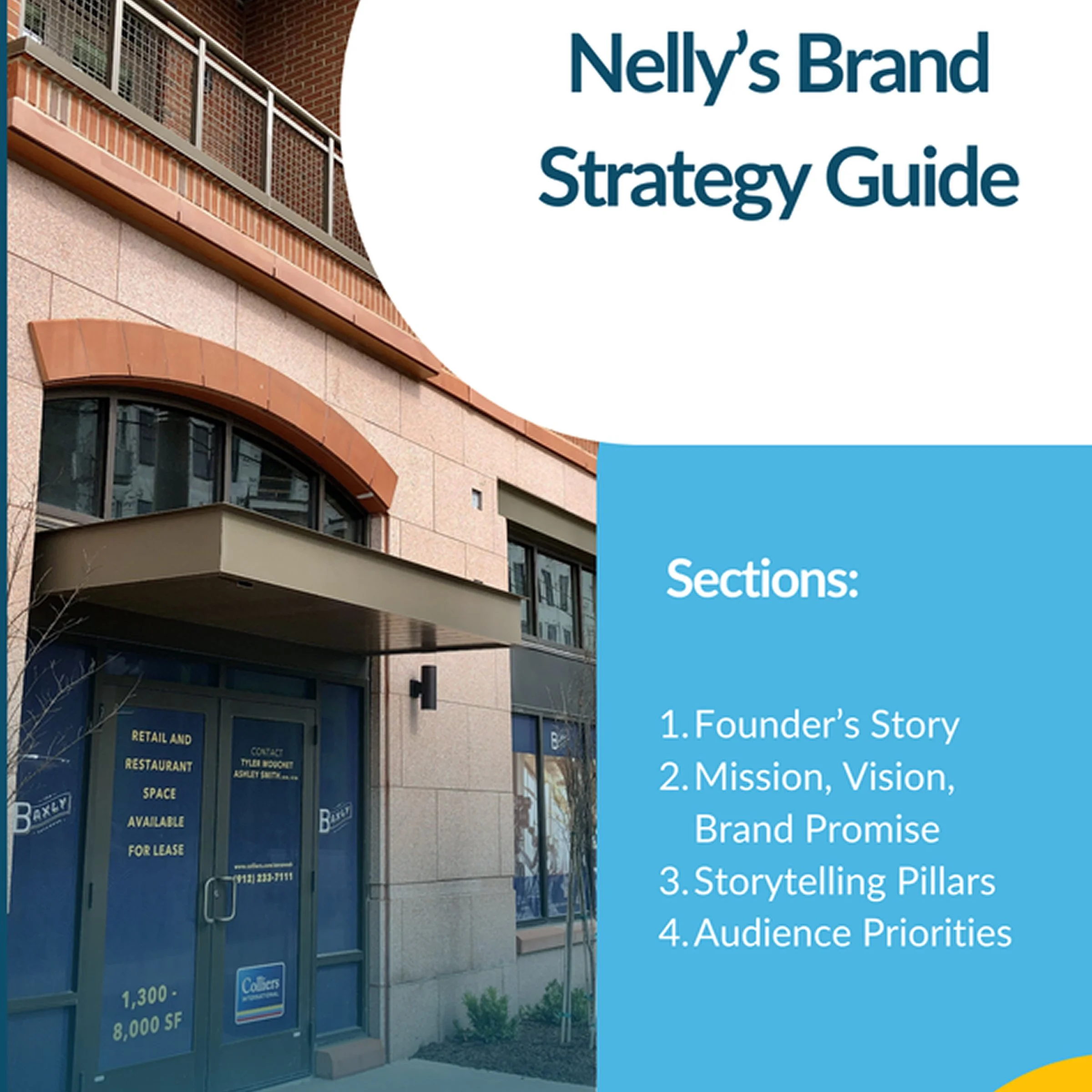 Cover of Nelly's Brand Strategy Guide featuring a photo of a building with retail space available for lease and the guide's sections list, including Founder's Story, Mission and Vision, Storytelling Pillars, and Audience Priorities.