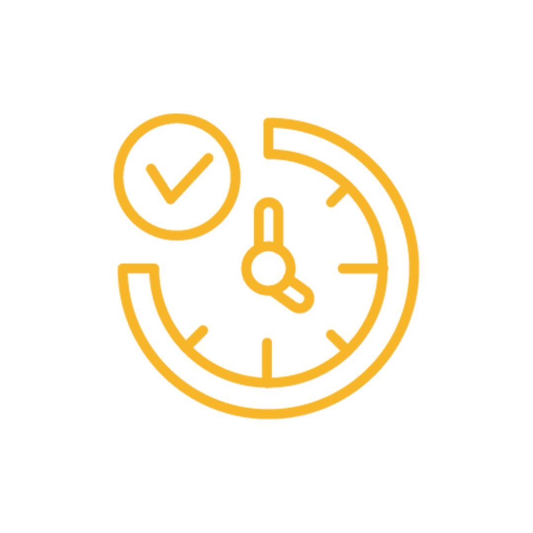 Stylized yellow clock icon with a check mark symbol, indicating on-time or punctuality.