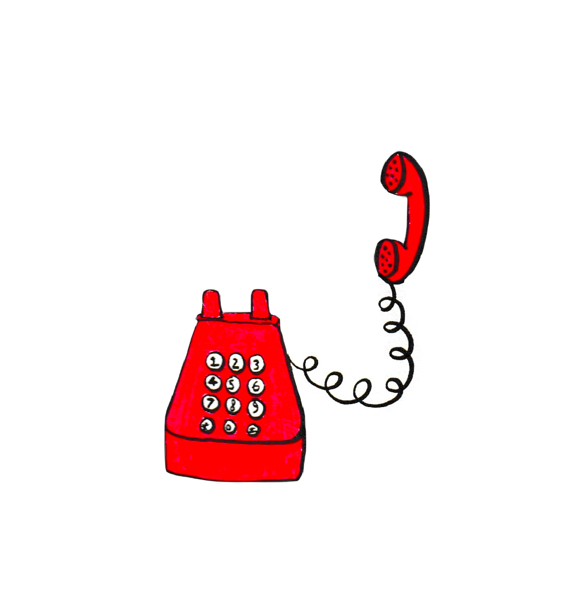 Illustration of a red rotary phone with a coiled cord and a black wall mounting bracket.