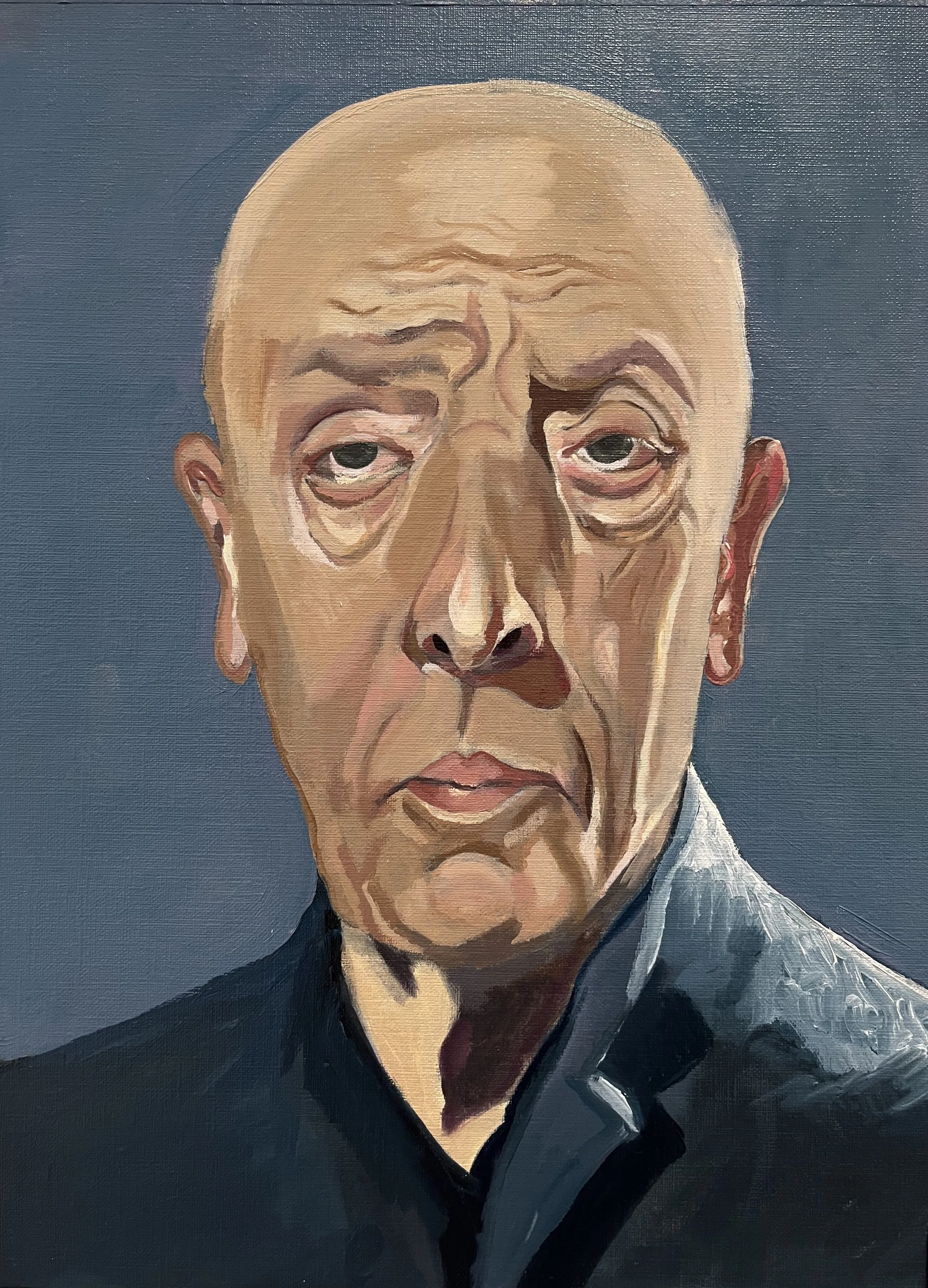 A painted portrait of an elderly man with a bald head, wrinkled face, and a serious expression, wearing a dark jacket against a neutral background.