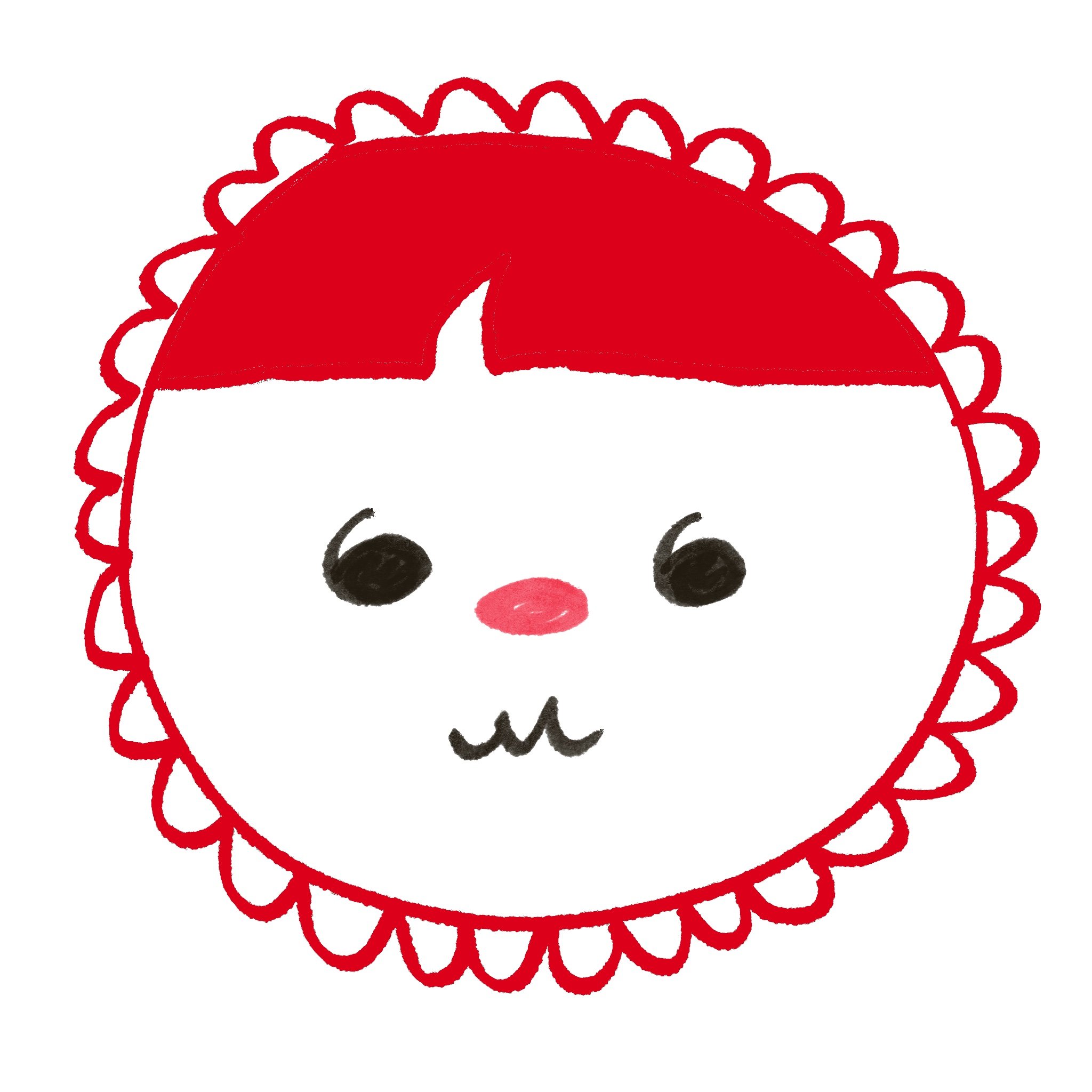Cute illustrated face of a character with red hair, a pink nose, black eyes, and a small mouth, surrounded by a decorative red border.