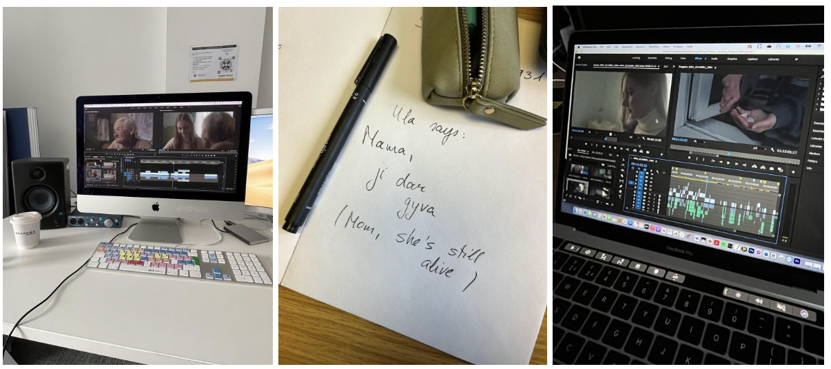 Three images: first shows a computer monitor and editing equipment on a desk, second shows handwritten notes on paper with a pen and purse, third shows a laptop with video editing software open.