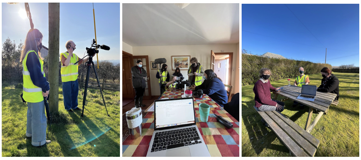 Photo collage showing three scenes: the first with two people wearing yellow safety vests and face masks outside, one operating filming equipment and the other holding a microphone; the second with a group of people gathered around a table inside, some with cameras or phones, a laptop, and masks; the third with three people wearing masks sitting at an outdoor picnic table and two others nearby with laptops and instruments, on a sunny day in a grassy area.