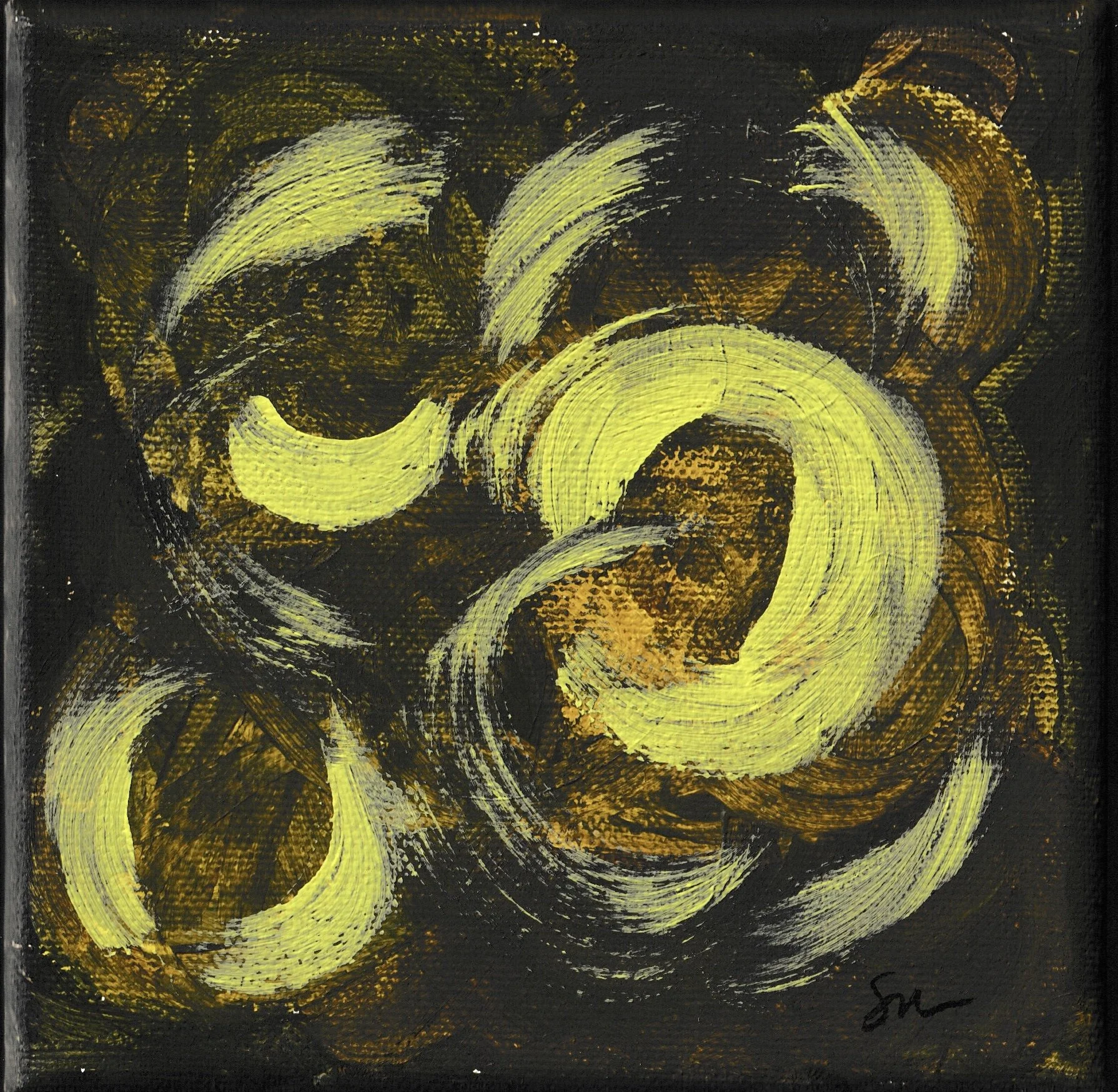 Abstract painting with swirling brushstrokes in yellow, white, and brown on a black background.